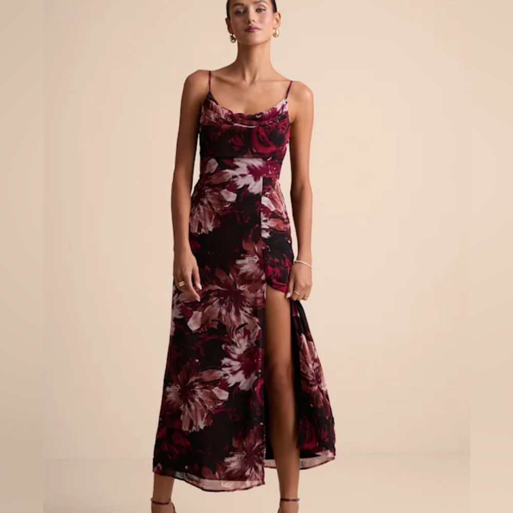 Lulus NWT Flowery Passion Burgundy Floral Print Cowl Neck Midi Dress, size M